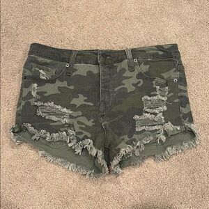 Green Camouflage Distressed Jean Shorts